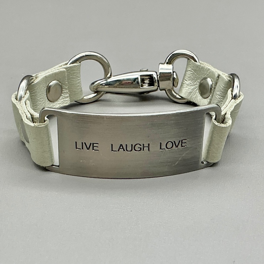 Cynthia H Designs Bracelet Women White Leather Live Laugh Love Metal ID Plate